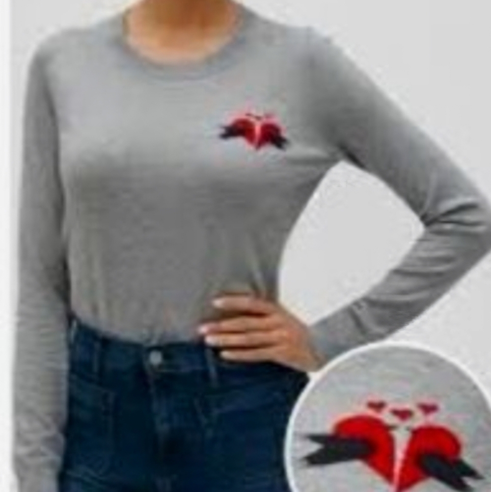 Banana Republic Womens Sweater Gray Red Heart Design Love Birds Knit Size Large